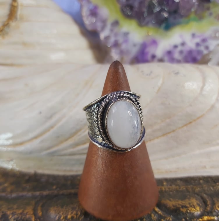 Rainbow Moonstone Spiritual Grounding Ring Size US 7.5 (E1590)