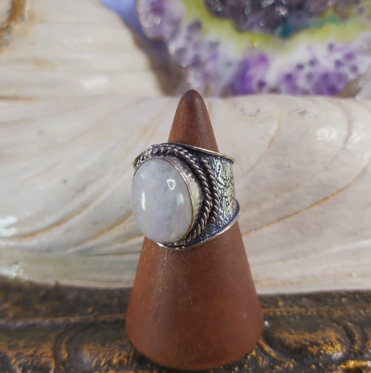 Rainbow Moonstone Spiritual Grounding Ring Size US 7.5 (E1590)