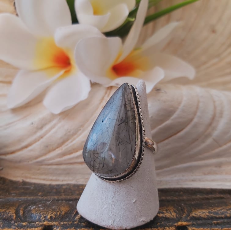 Black Rutilated Quartz Will Power Gemstone Ring US 8 (E1845)