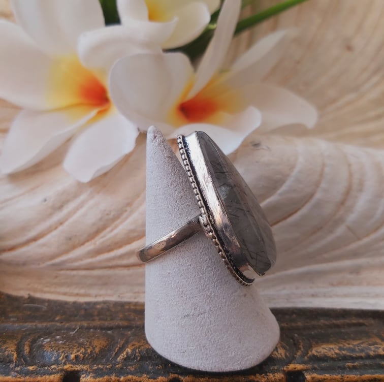 Black Rutilated Quartz Will Power Gemstone Ring US 8 (E1845)