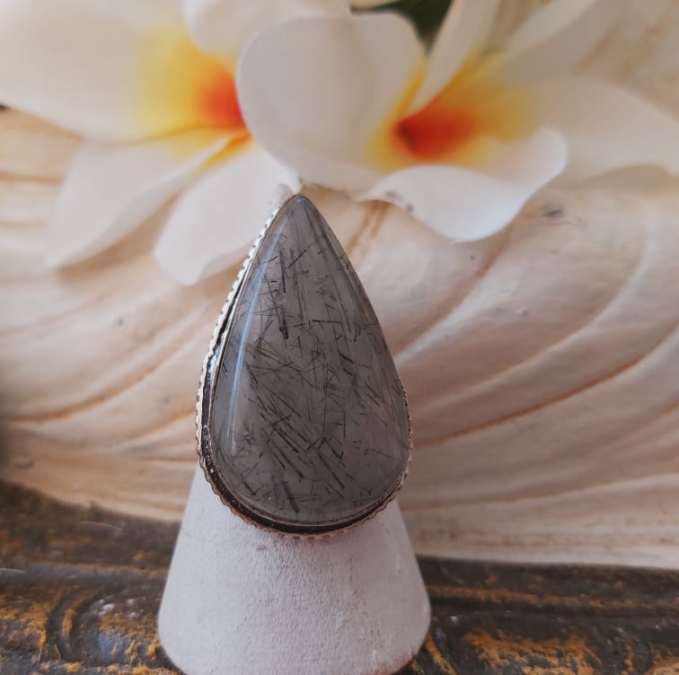 Black Rutilated Quartz Will Power Gemstone Ring US 8 (E1845)