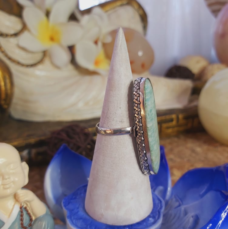 Amazonite Speaking Ones Truth Gemstone Ring US 9 (E2072)