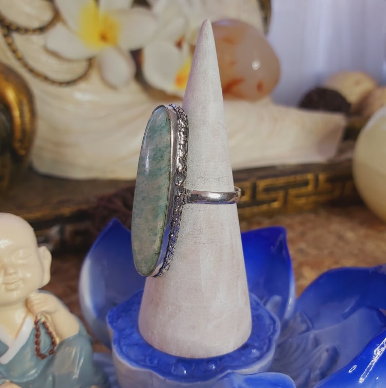 Amazonite Speaking Ones Truth Gemstone Ring US 9 (E2072)