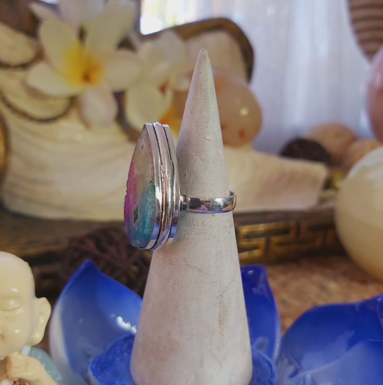 Rainbow Agate Physical Wellbeing Gemstone Ring US 6 (E2097)