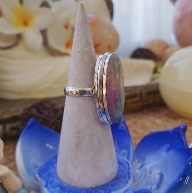 Rainbow Agate Physical Wellbeing Gemstone Ring US 7.5 (E2101)