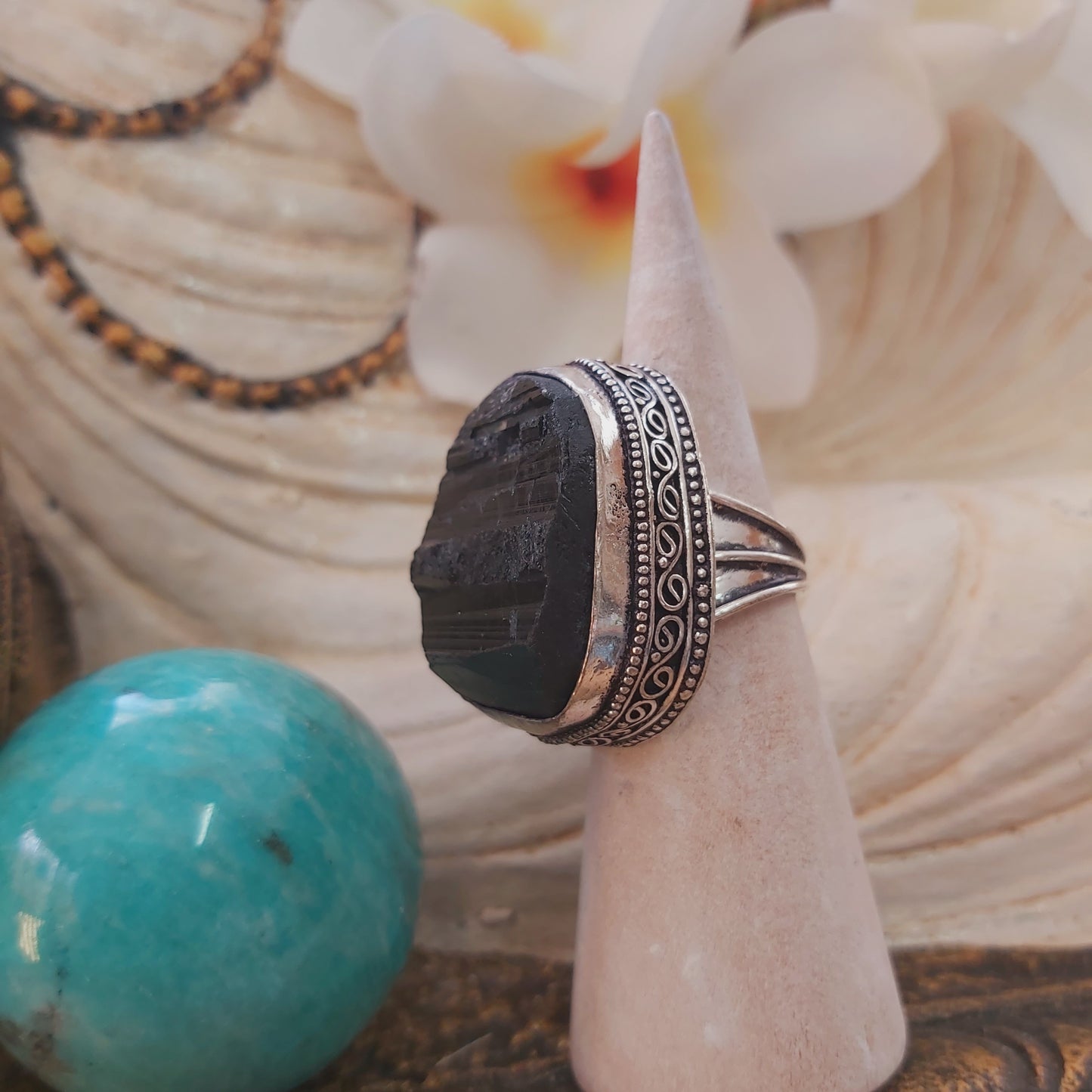 Black Tourmaline Psychic Protection Ring US 7.5 (E2198)