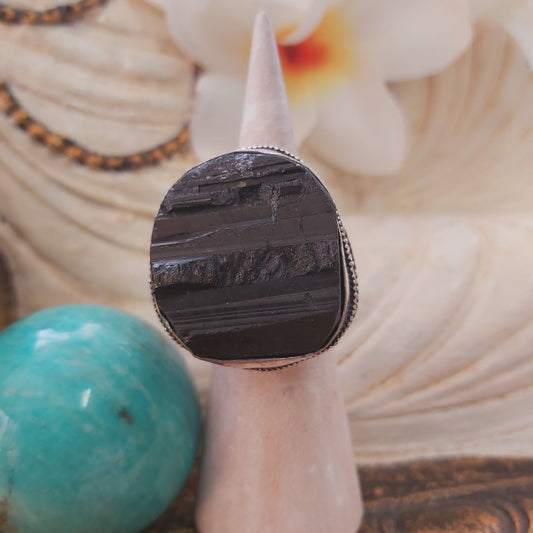 Black Tourmaline Psychic Protection Ring US 7.5 (E2198)