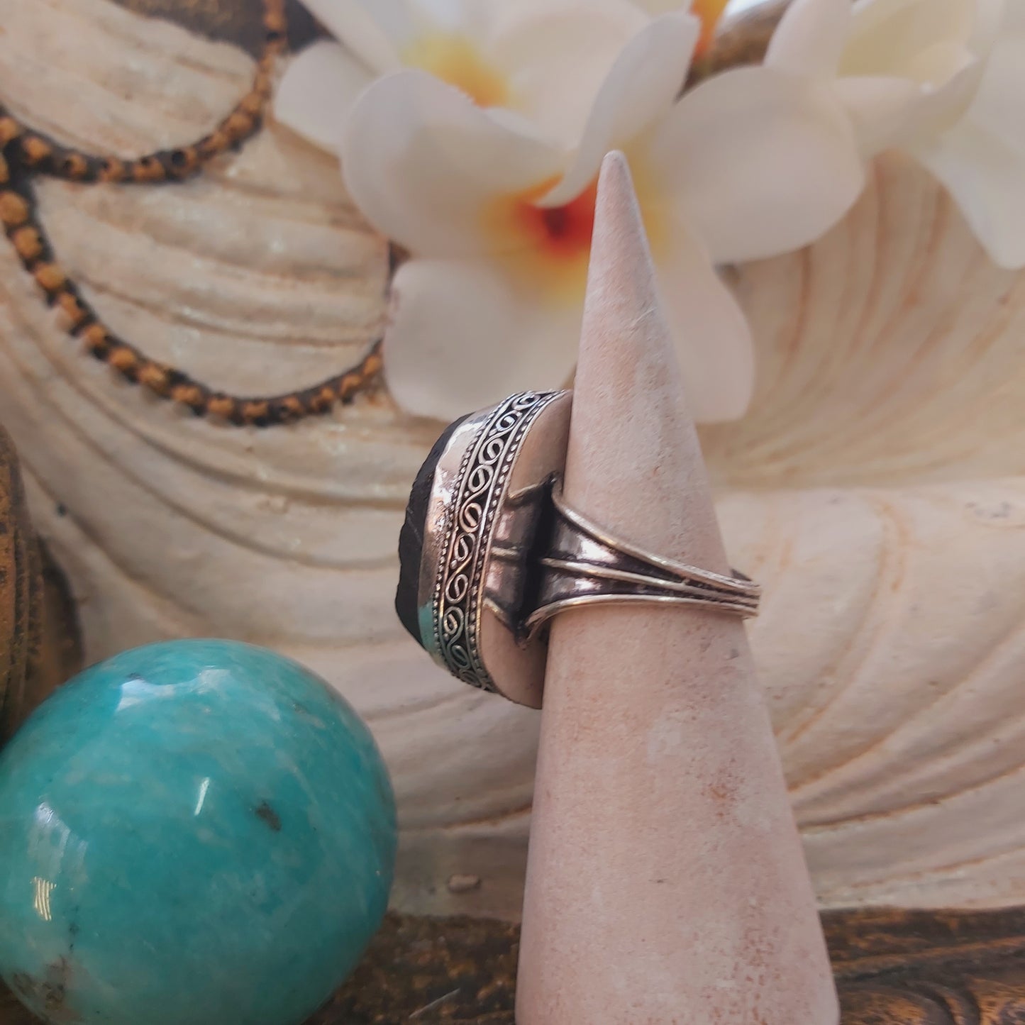 Black Tourmaline Psychic Protection Ring US 7.5 (E2198)