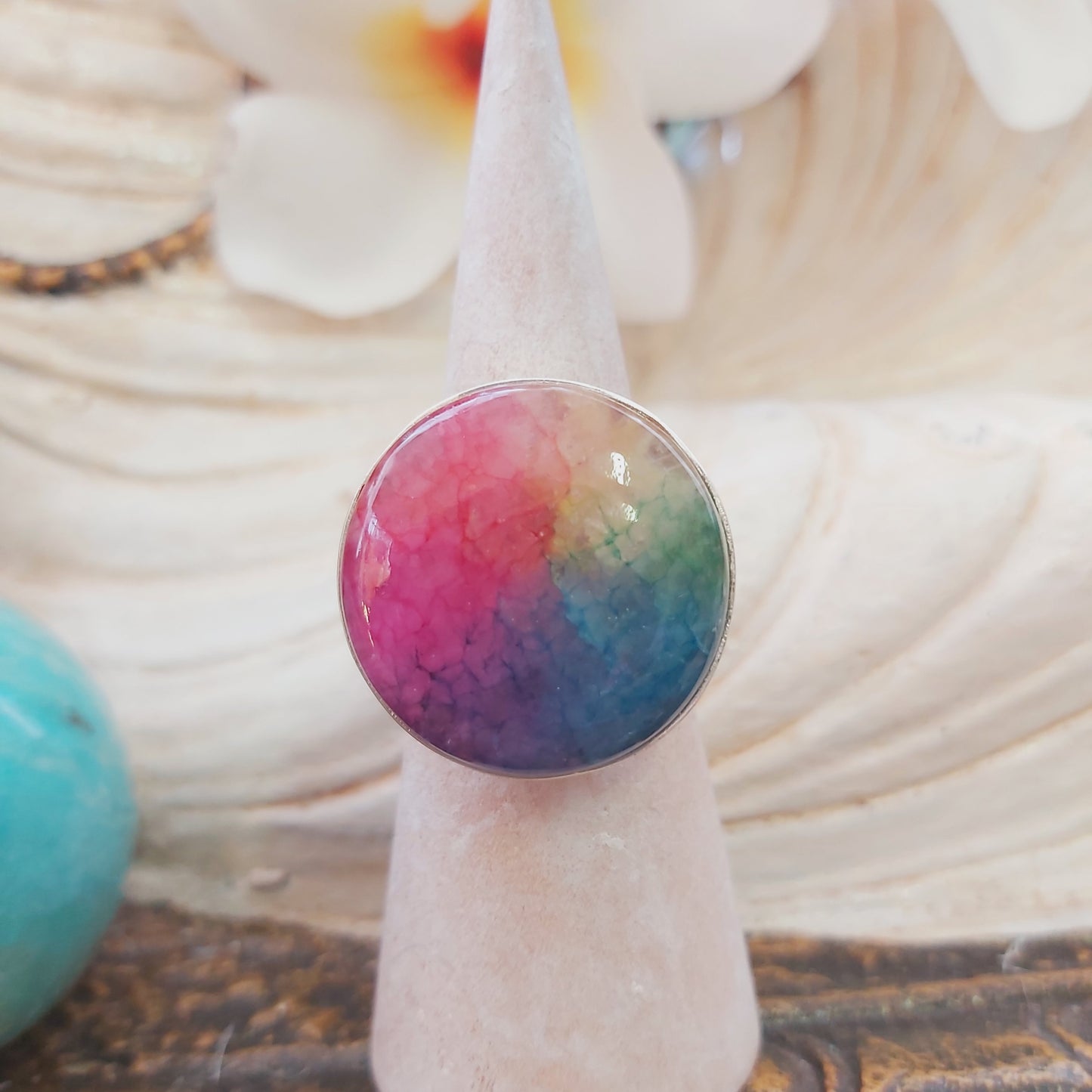 Rainbow Agate Physical Wellbeing Gemstone Ring US 9 (E2229)