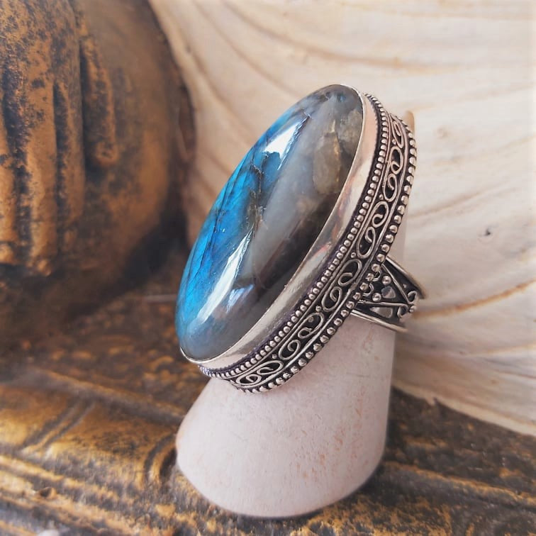 Labradorite Inner Spirit & Psychic Protection Gemstone Ring US 8.5 (E2394)