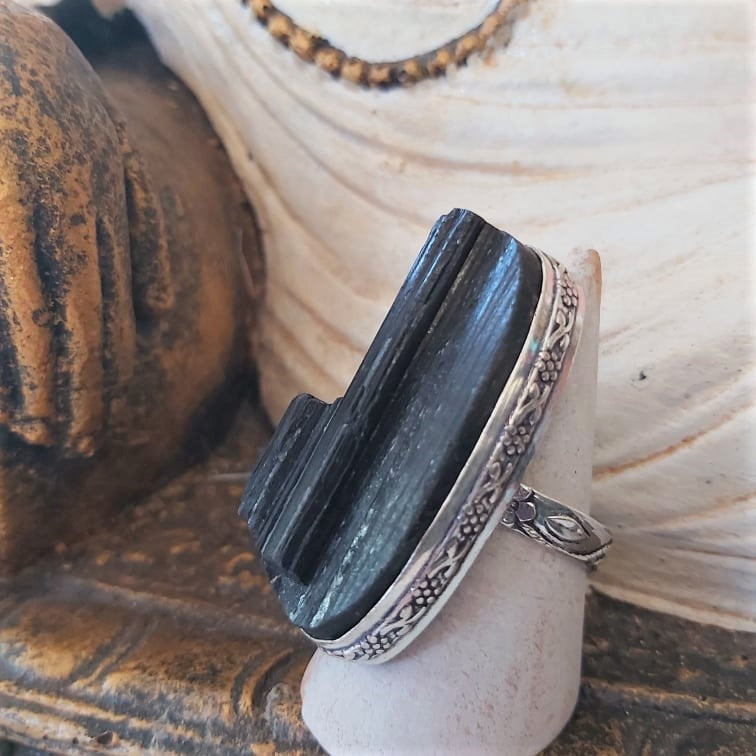 Black Tourmaline Psychic Protection Ring US 9 (E2419)