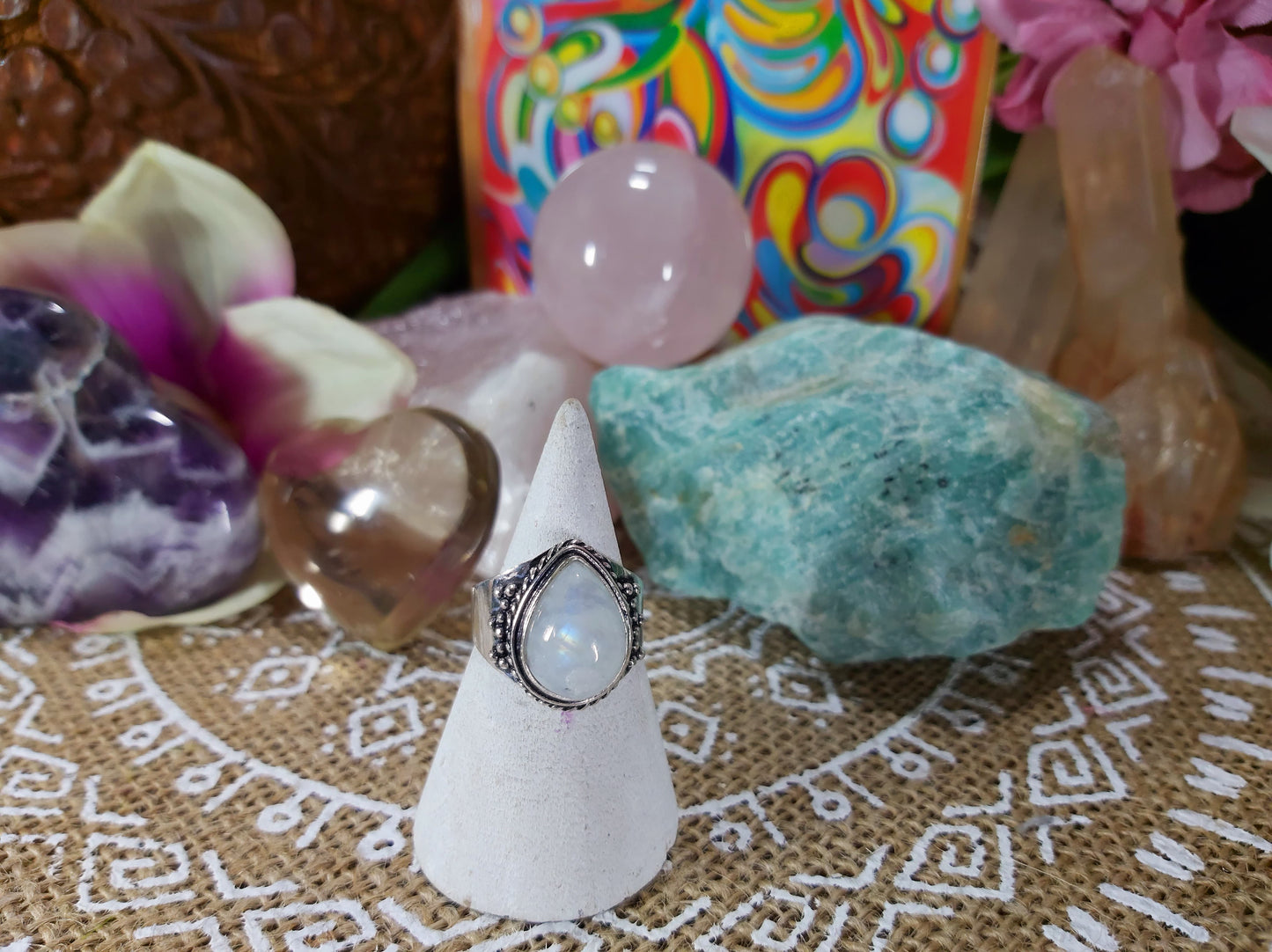 Rainbow Moonstone Ring Size US 8 (E448)