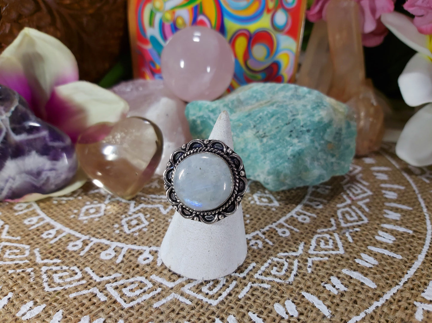 Rainbow Moonstone Ring Size US 8.5 (E450)