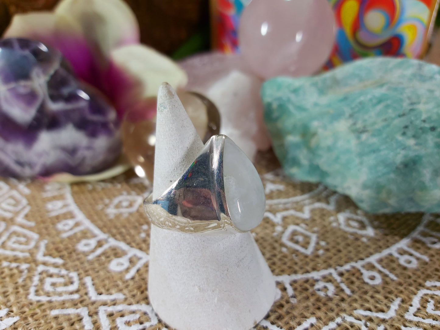 Rainbow Moonstone Ring Size US 8.5 (E451)