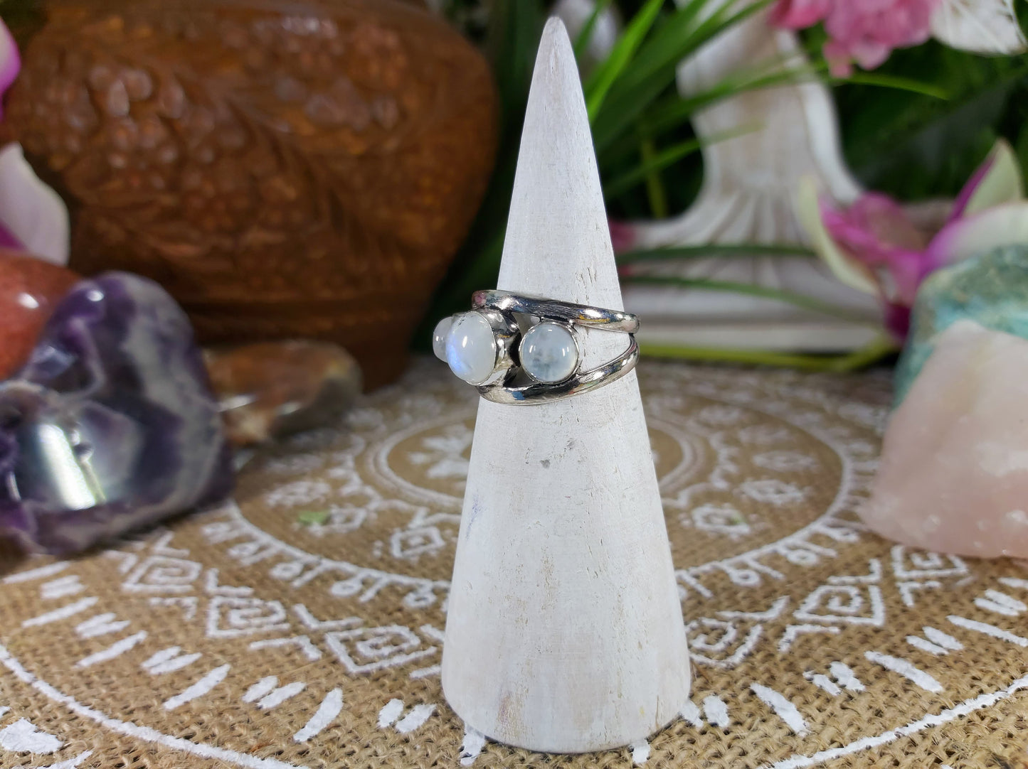 Rainbow Moonstone Goddess Ring Size US 7.5 (E619)