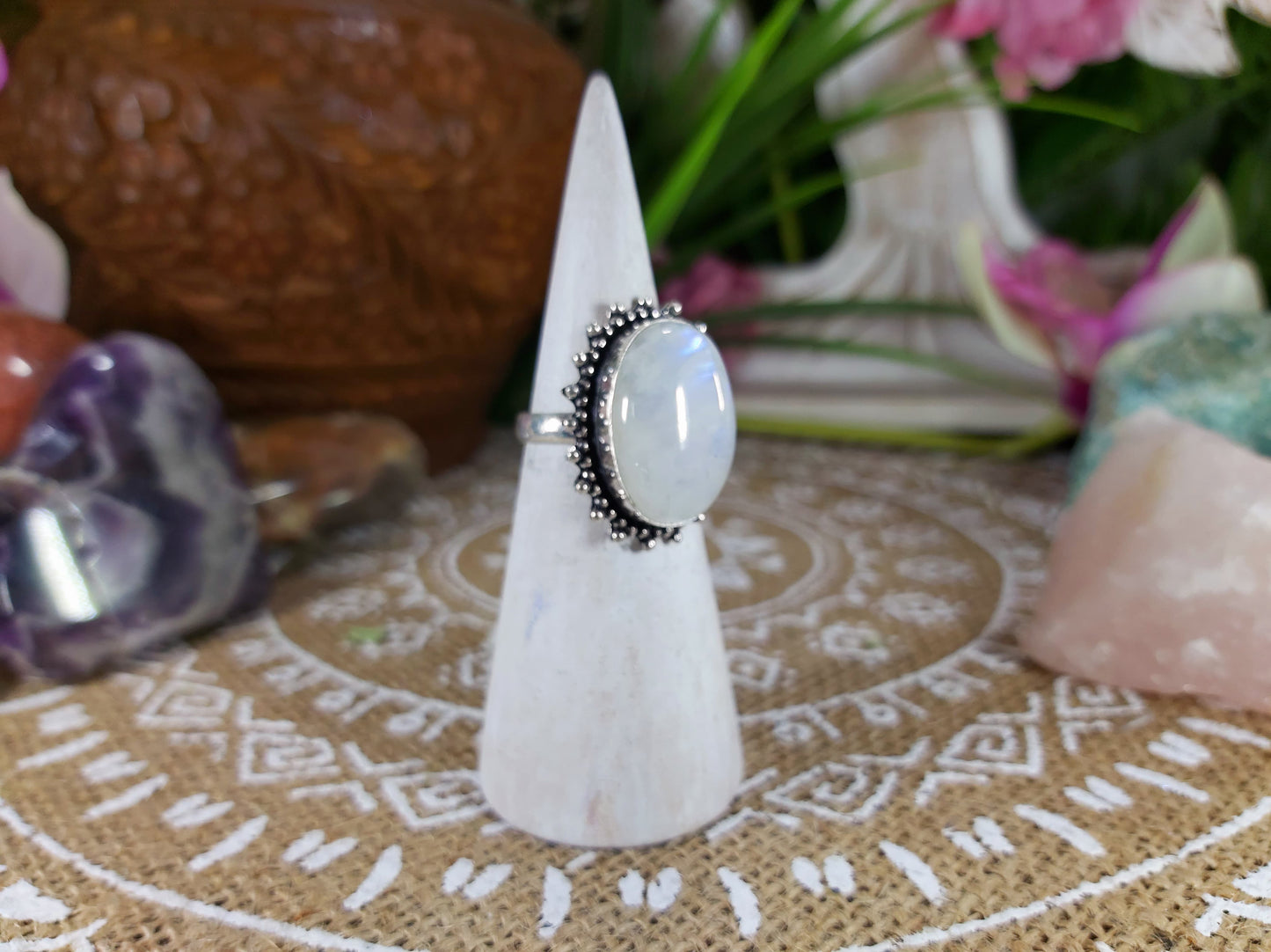 Rainbow Moonstone Goddess Ring Size US 8 (E620)
