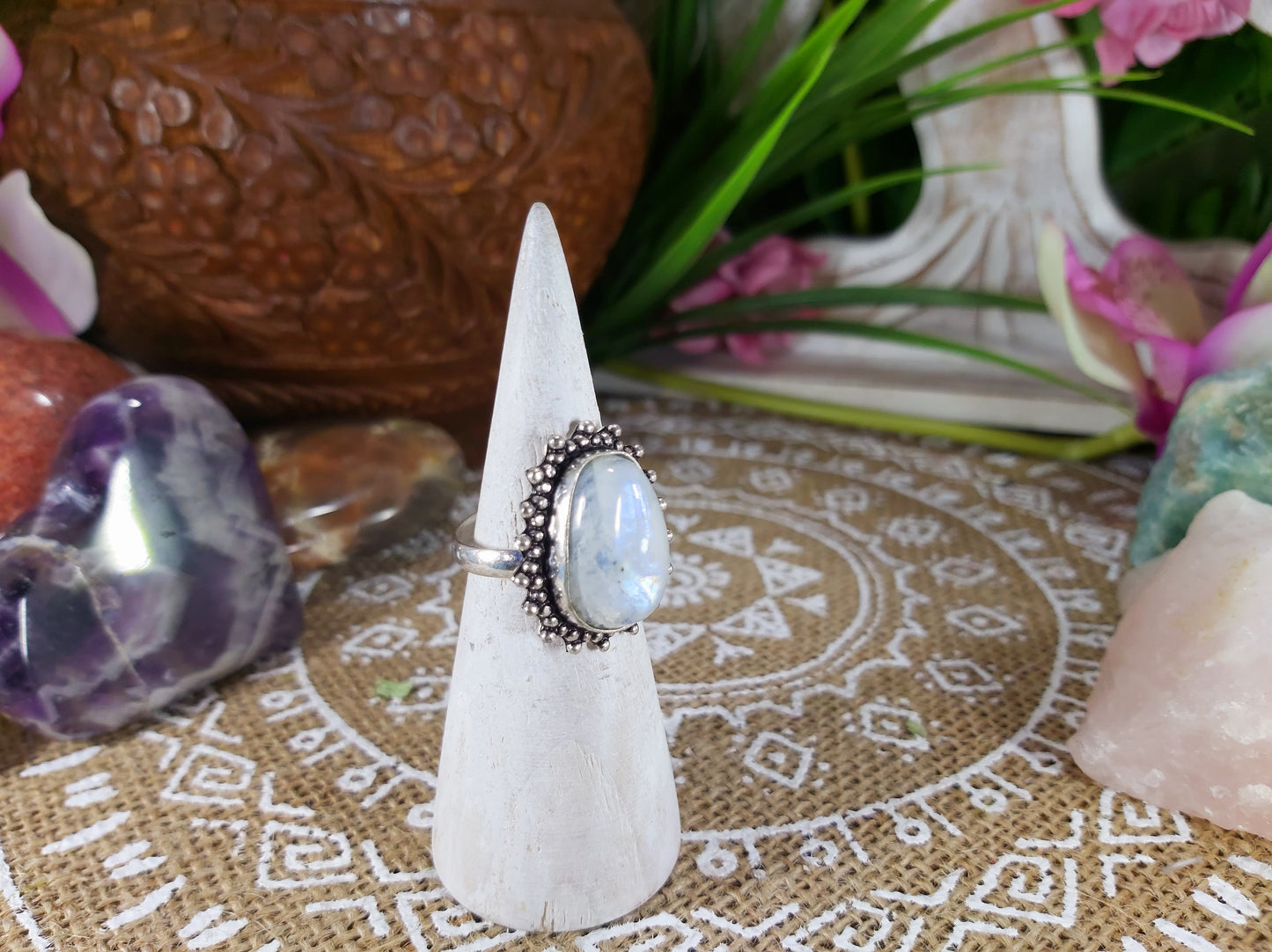 Rainbow Moonstone Goddess Ring Size US 8.5 (E627)
