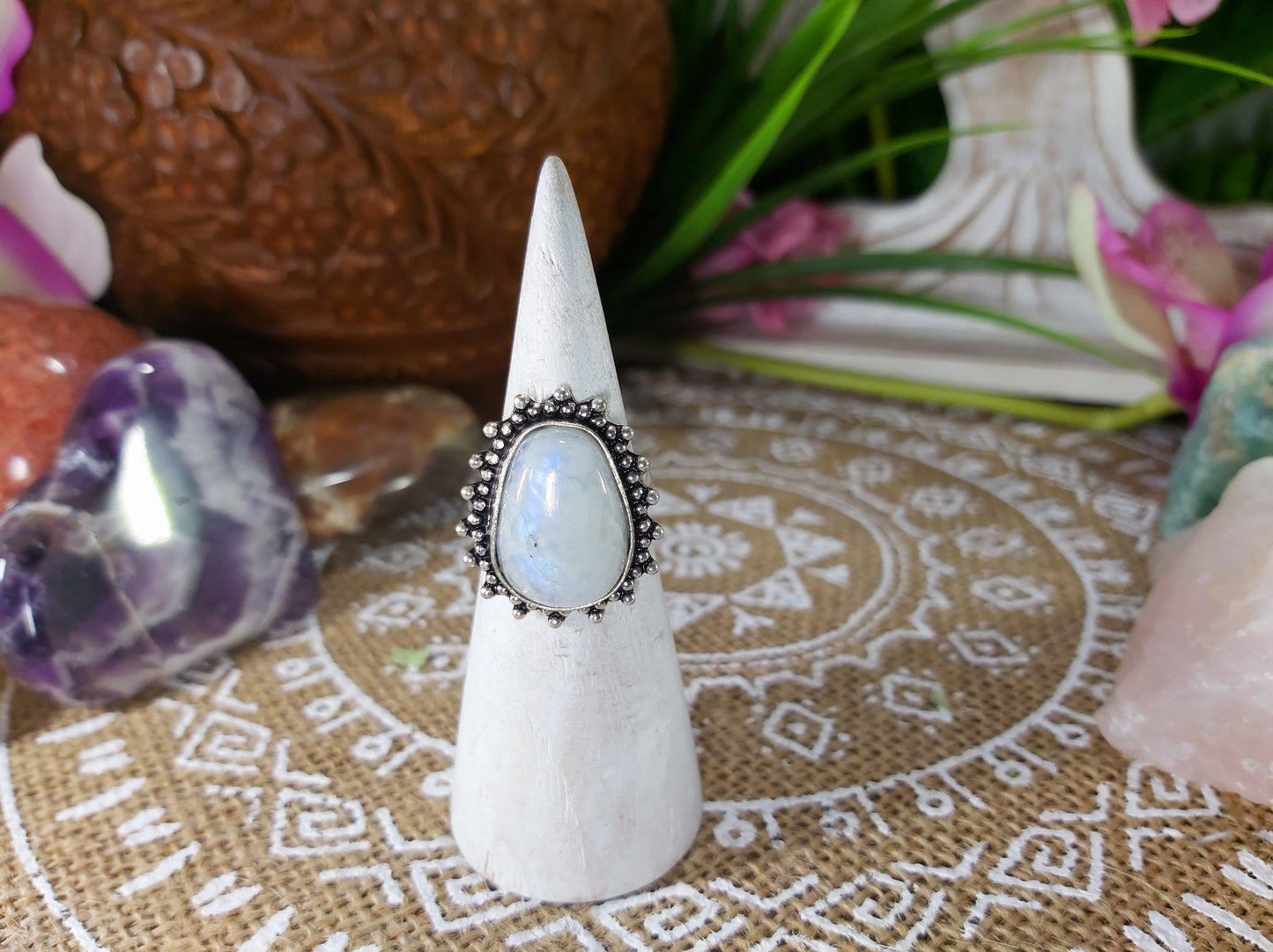 Rainbow Moonstone Goddess Ring Size US 8.5 (E627)