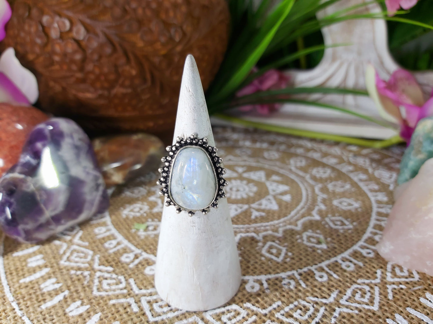 Rainbow Moonstone Goddess Ring Size US 8.5 (E627)