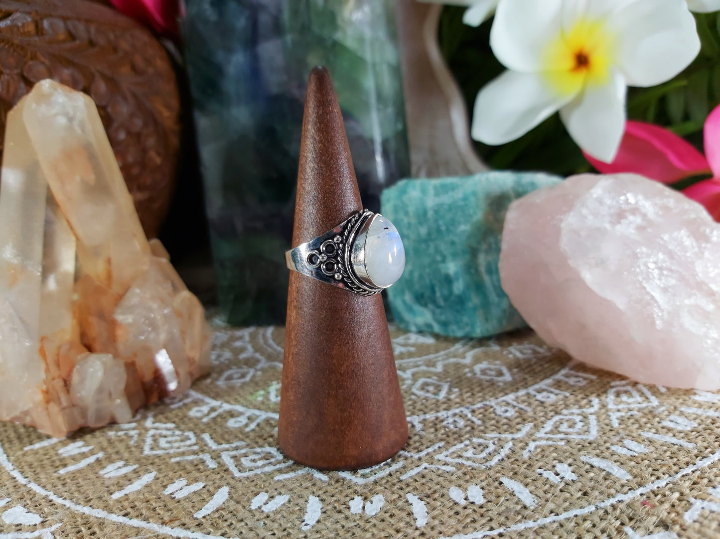 Rainbow Moonstone Goddess Ring Size US 8.5 (E727)