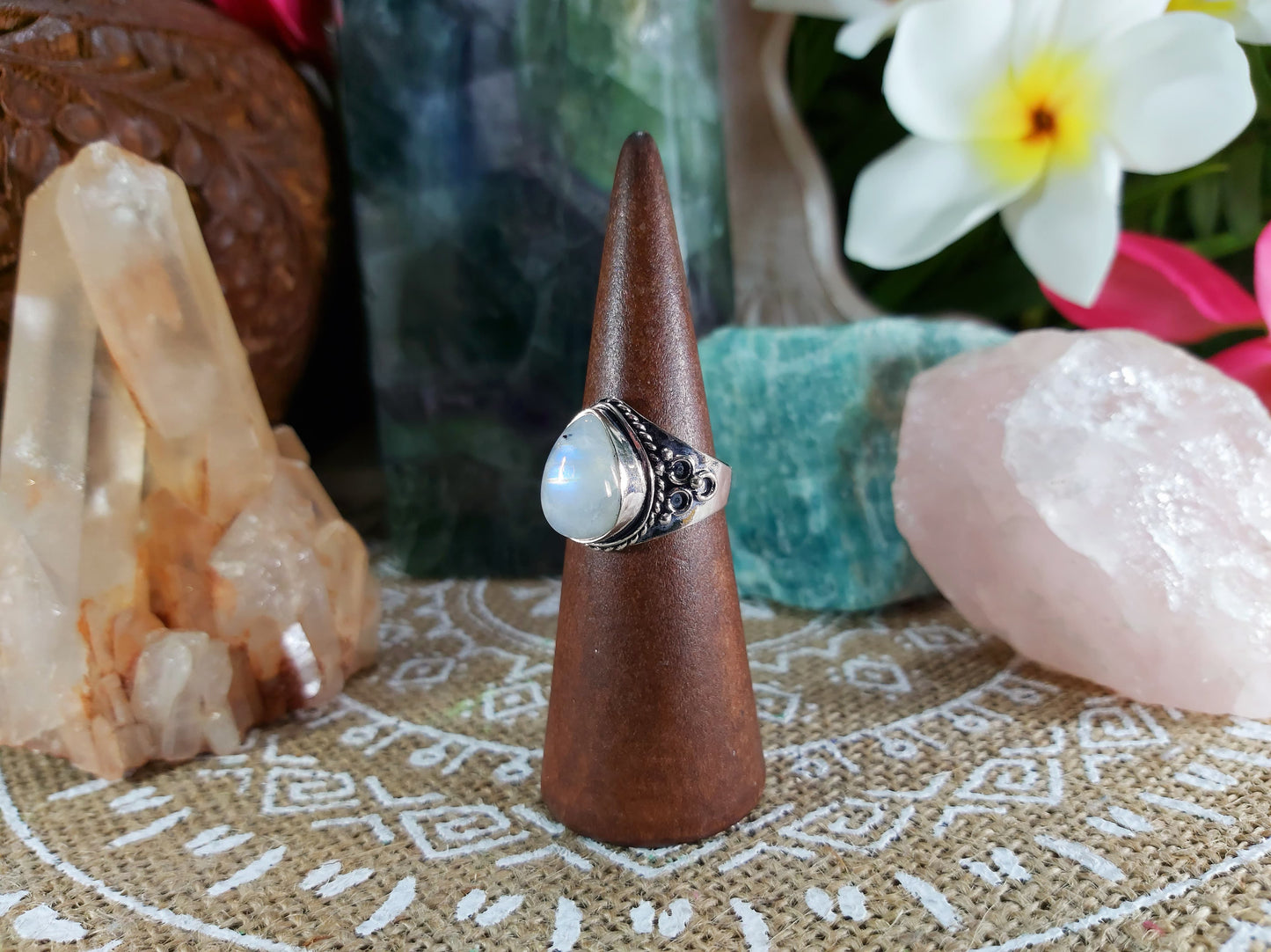 Rainbow Moonstone Goddess Ring Size US 8.5 (E727)