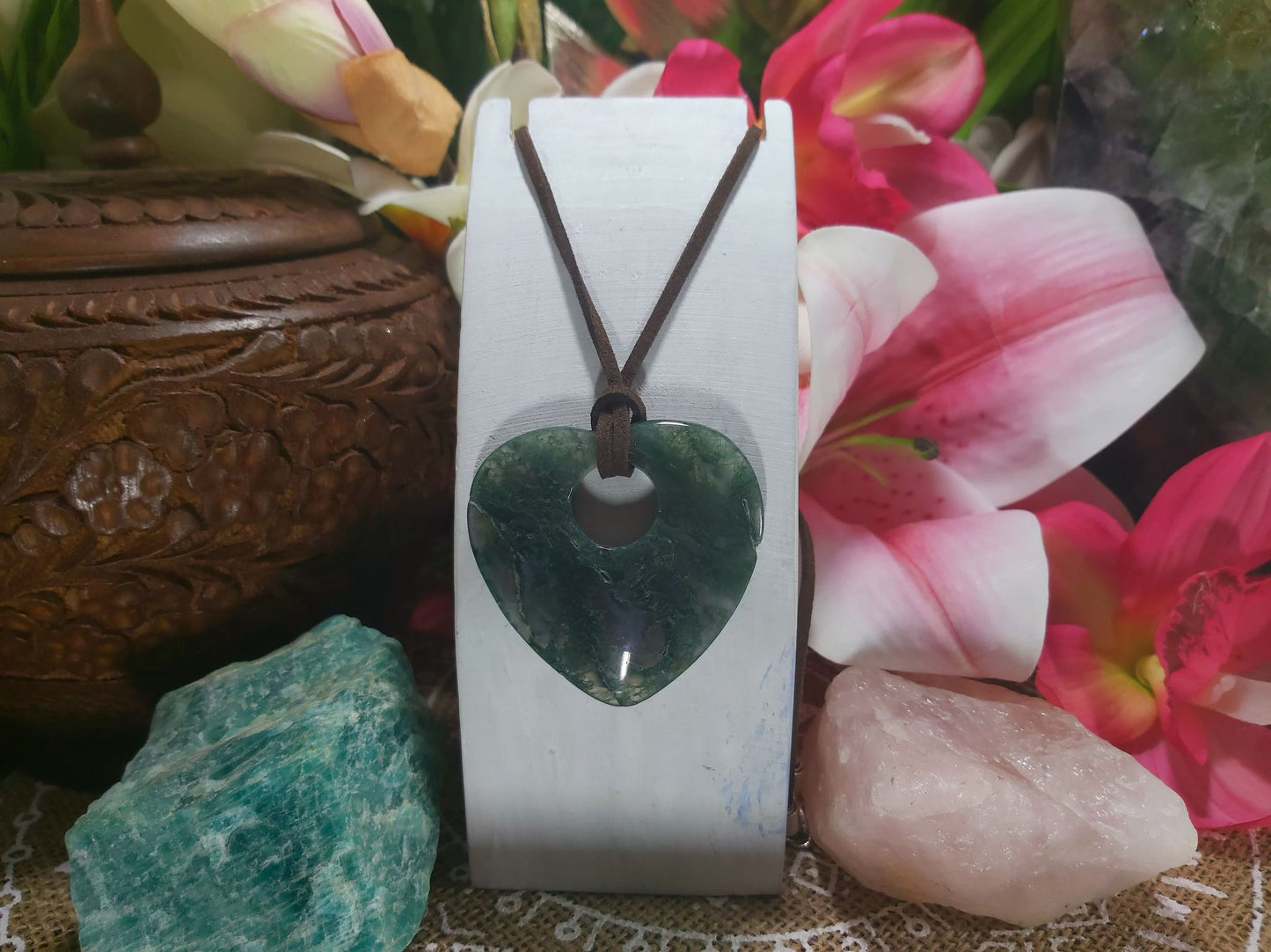 Moss Agate Forgiveness Safety Circle Pendant (E840)