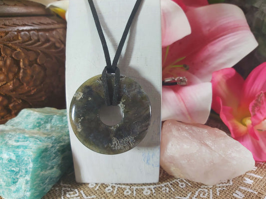 Moss Agate Safety Circle Pendant (E842)