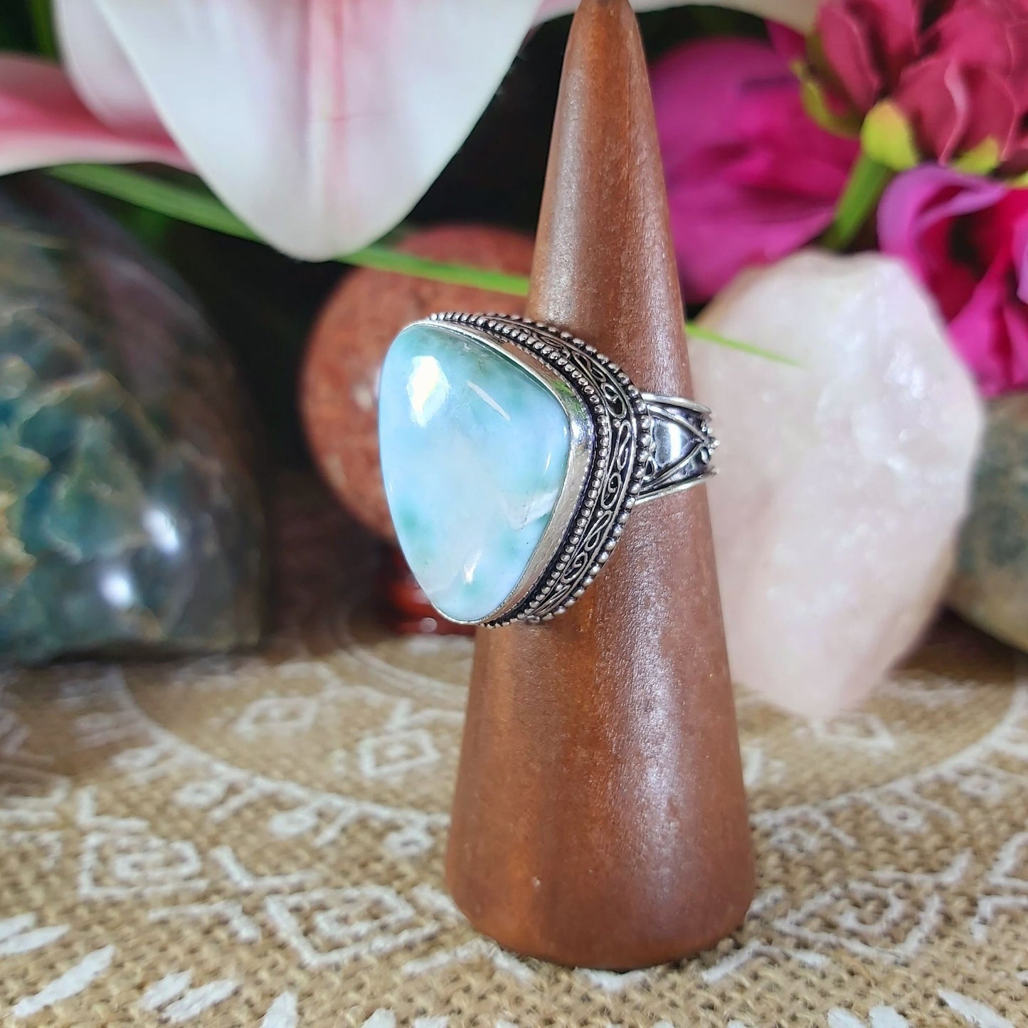 Larimar Emotional Healing Gemstone Ring US 8.5 (E1129)