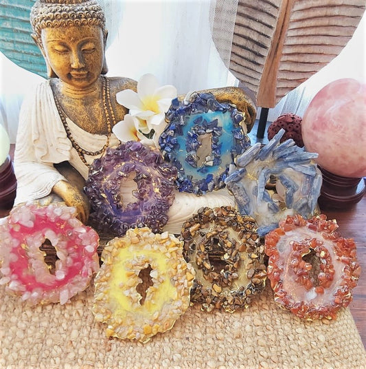 7-Pack Handmade Chakra Crystal Resin Geodes (GEO14)