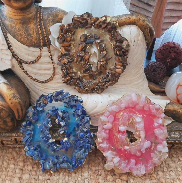 Handmade Crystal Resin Geode Set (3-Pack) – Tiger’s Eye, Rose Quartz, Lapis Lazuli (GEO16)