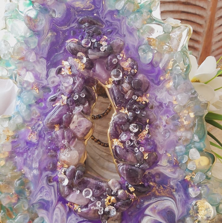 Amethyst & Clear Quartz Gemstone & Resin Geode Decor (GEO2)