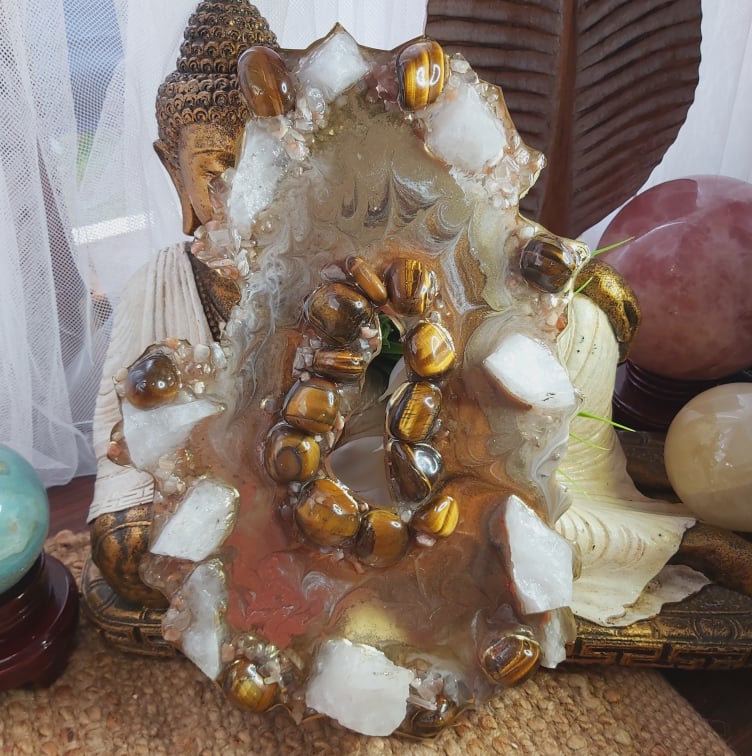 Tiger Eye, Calcite & Moonstone Crystal Resin Geode Decor (GEO5)