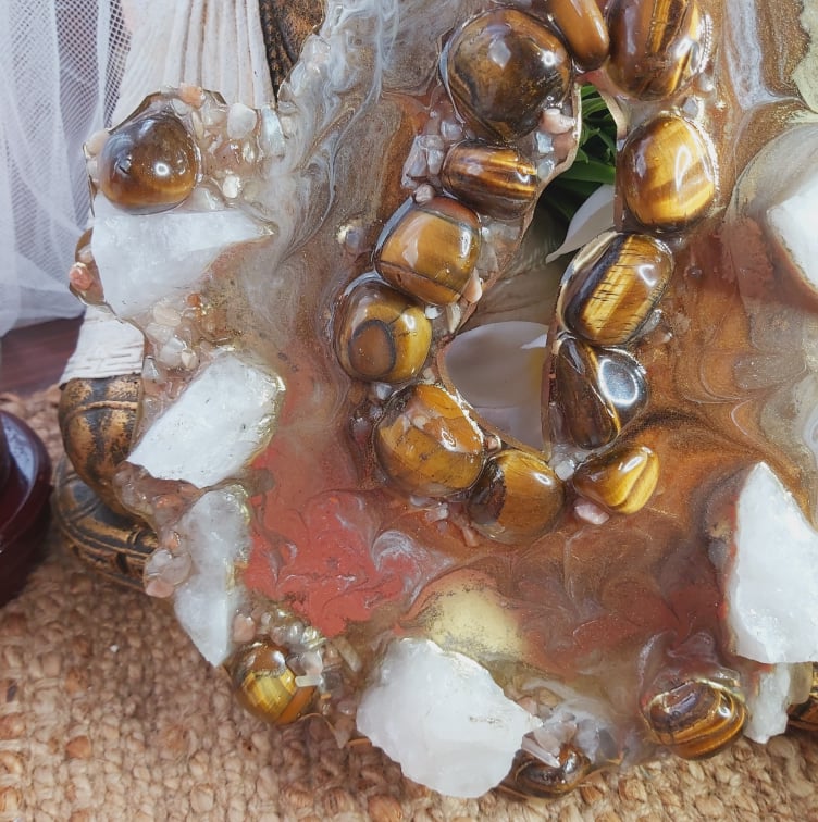 Tiger Eye, Calcite & Moonstone Crystal Resin Geode Decor (GEO5)