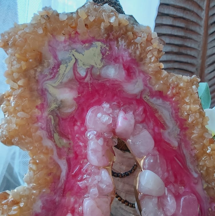 Golden Healer & Rose Quartz Crystal Resin Geode Decor (GEO7)