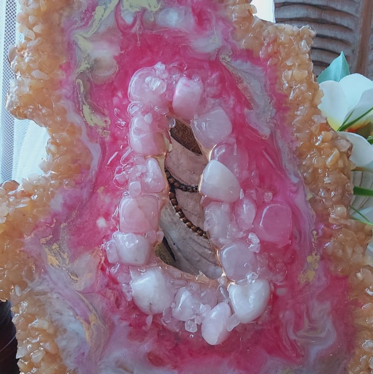 Golden Healer & Rose Quartz Crystal Resin Geode Decor (GEO7)