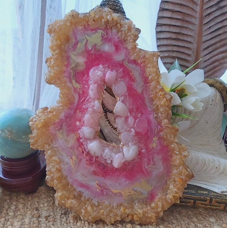 Golden Healer & Rose Quartz Crystal Resin Geode Decor (GEO7)