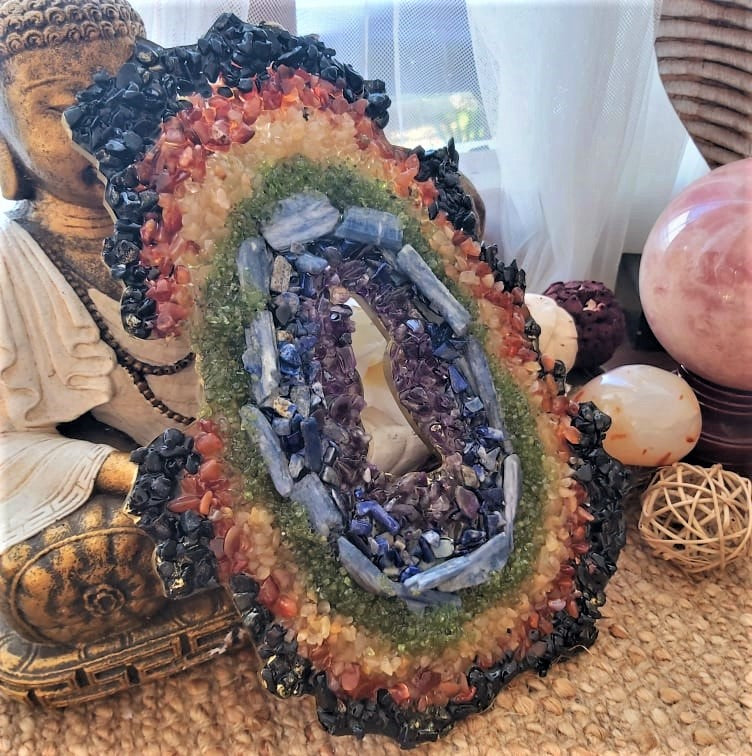 Handmade Large Chakra Crystal Resin Geode (GEO8)