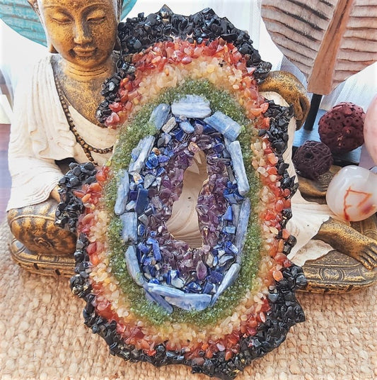 Handmade Large Chakra Crystal Resin Geode (GEO8)