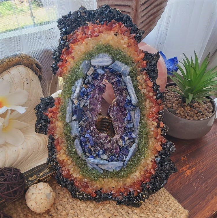 Handmade Large Chakra Crystal Resin Geode (GEO8)