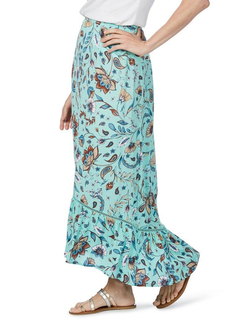 Turquoise Blue Floral Soft Viscose Elastic Waist Ruffle Hi-Low Hem Maxi Skirt