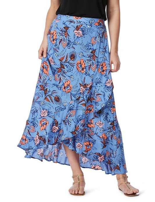 Blue Floral Soft Viscose Elastic Waist At Back Ruffle Hem Maxi Skirt