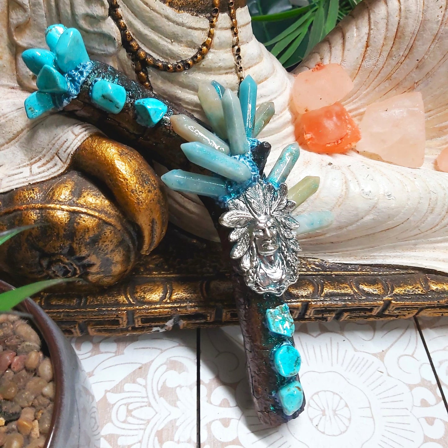 Handmade Zoway Blue Caribbean Calcite & Turquoise Crystal Wand (#162)