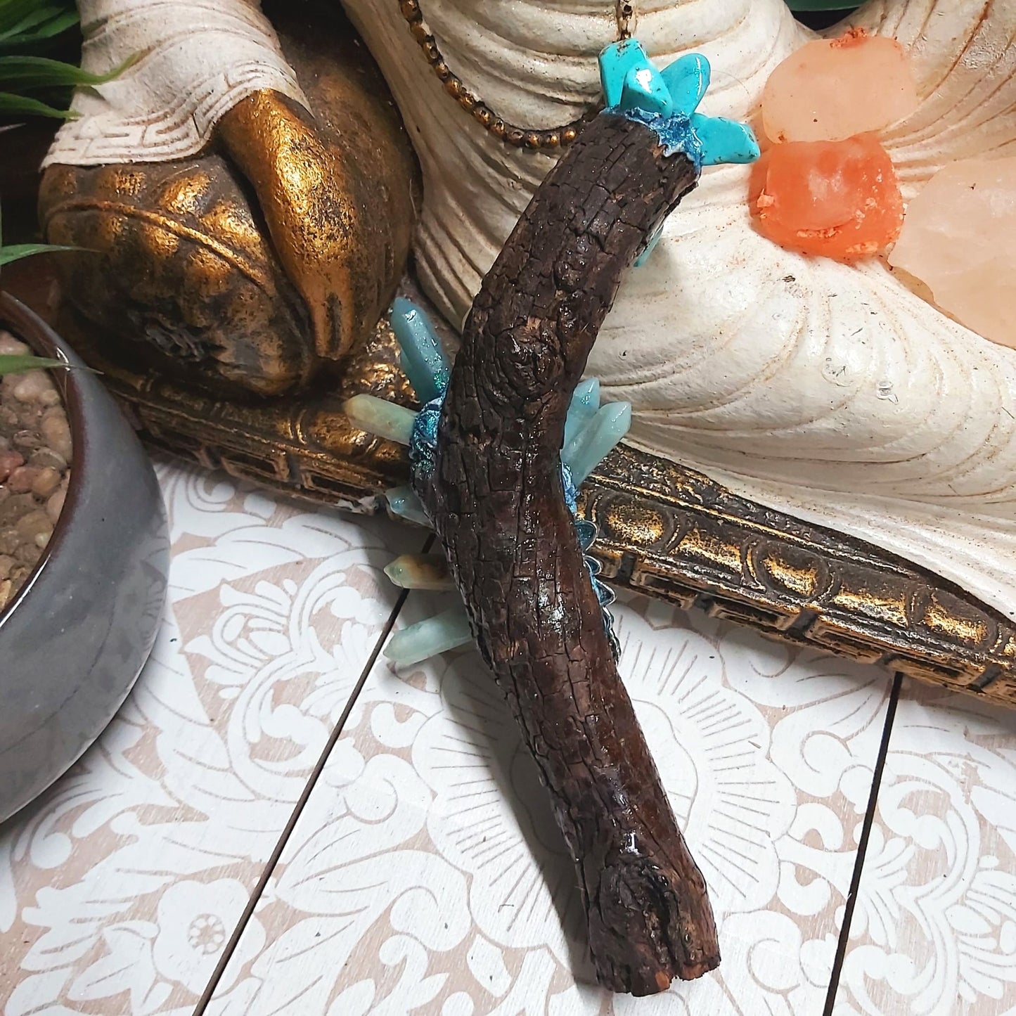 Handmade Zoway Blue Caribbean Calcite & Turquoise Crystal Wand (#162)