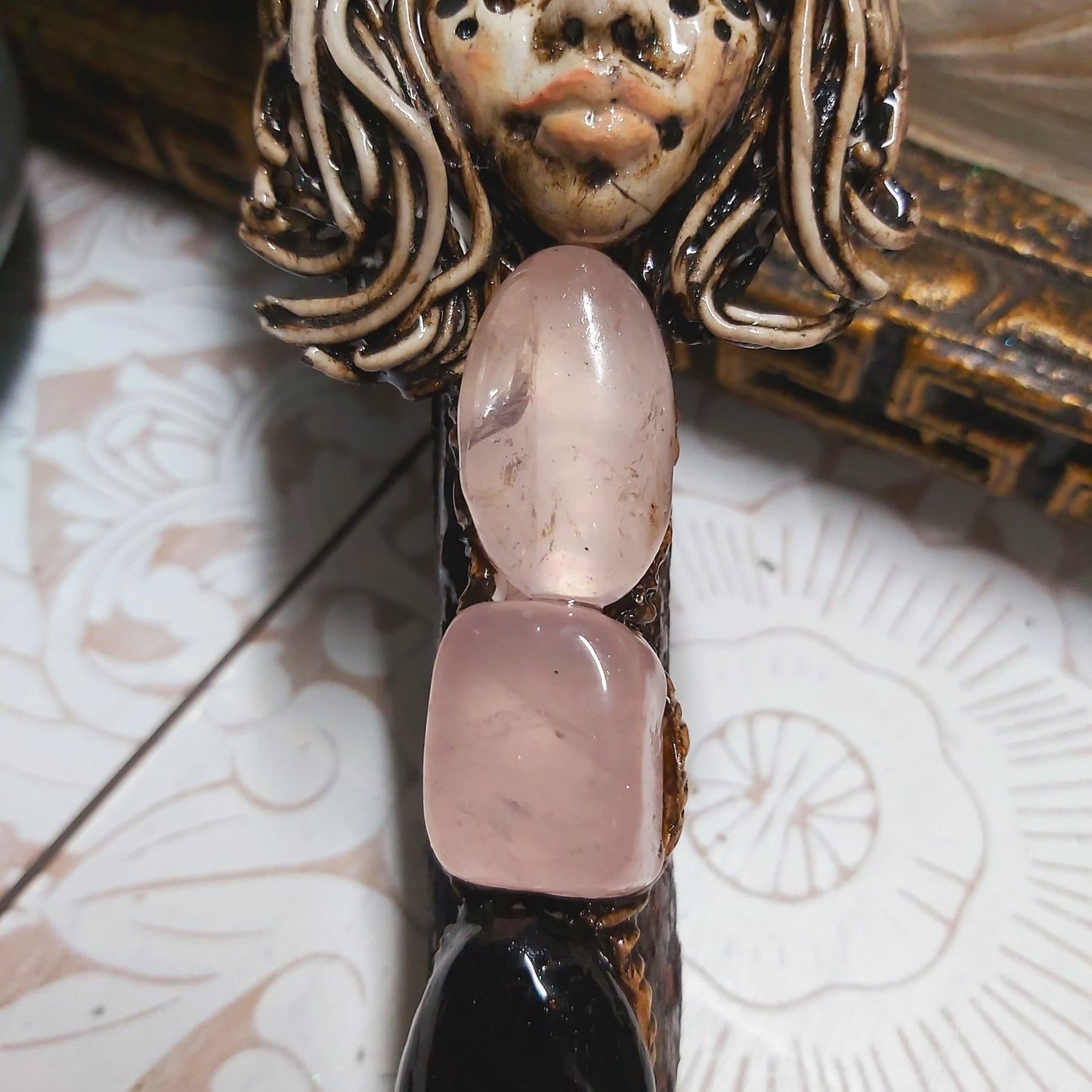 Handmade Lukane Rose Quartz & Black Obsidian Gemstone Crystal Wand (#167)