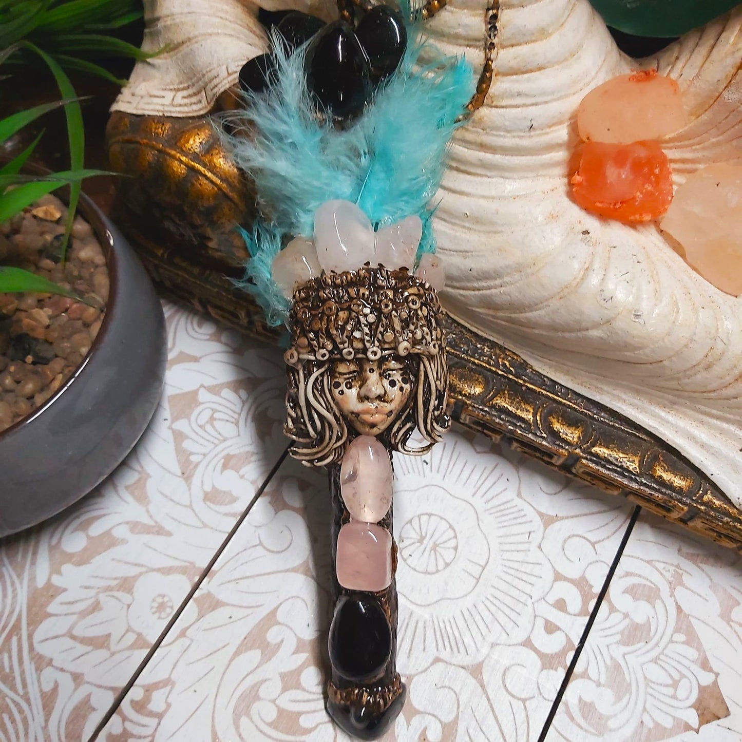 Handmade Lukane Rose Quartz & Black Obsidian Gemstone Crystal Wand (#167)