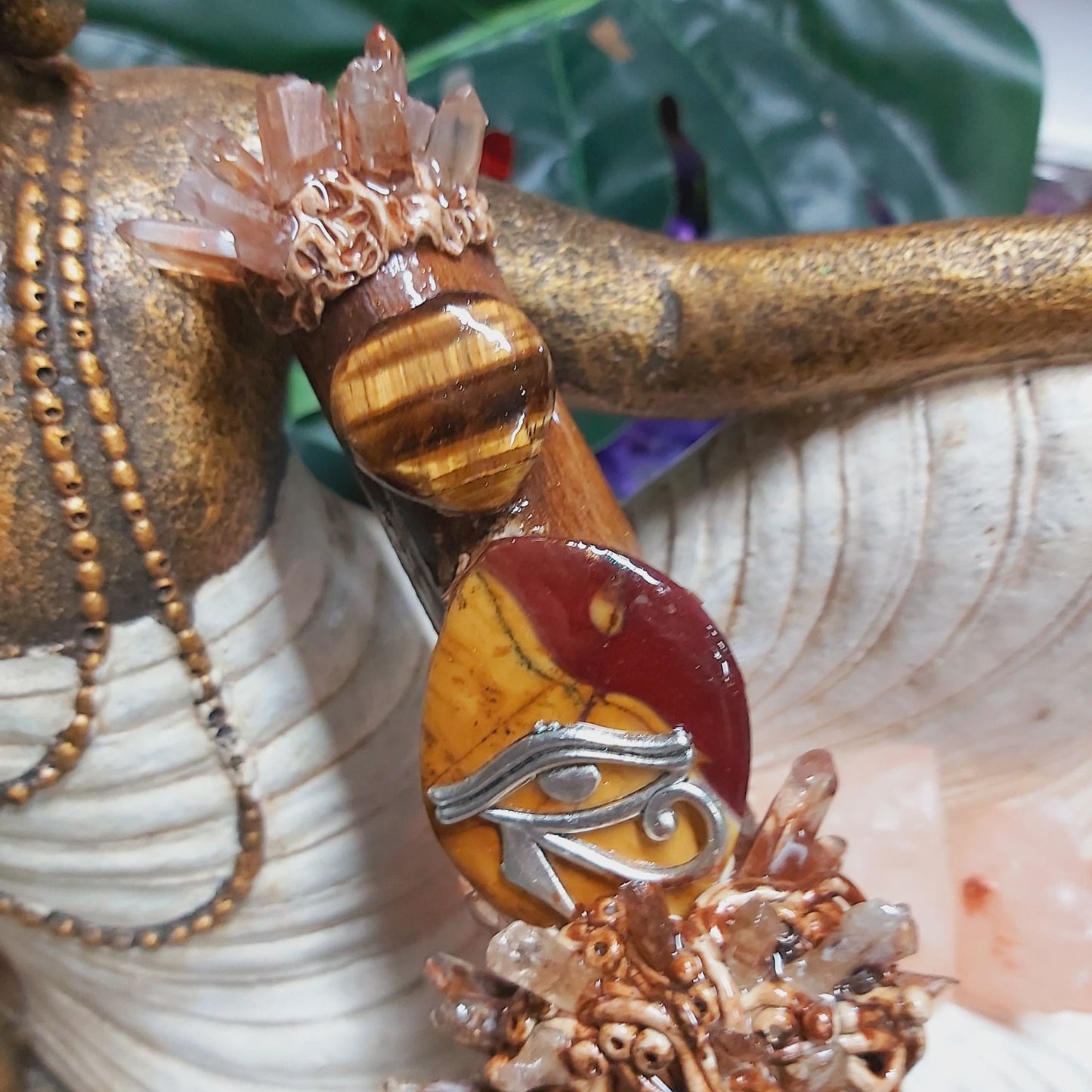 Handmade Zakalu Mookaite, Tiger Eye & Clear Quartz Gemstone Crystal Wand (#175)