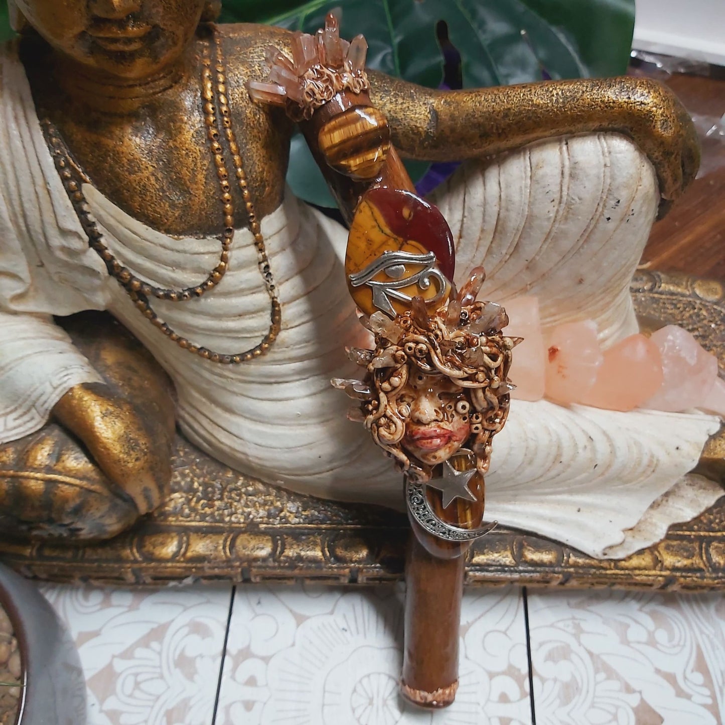 Handmade Zakalu Mookaite, Tiger Eye & Clear Quartz Gemstone Crystal Wand (#175)