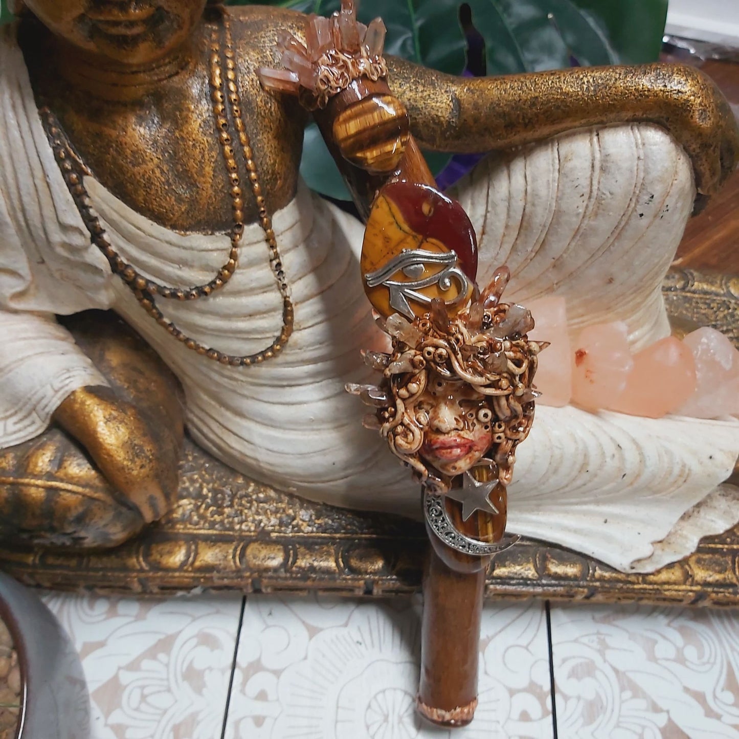 Handmade Zakalu Mookaite, Tiger Eye & Clear Quartz Gemstone Crystal Wand (#175)