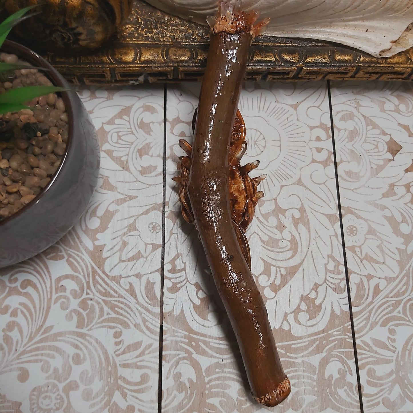 Handmade Zakalu Mookaite, Tiger Eye & Clear Quartz Gemstone Crystal Wand (#175)