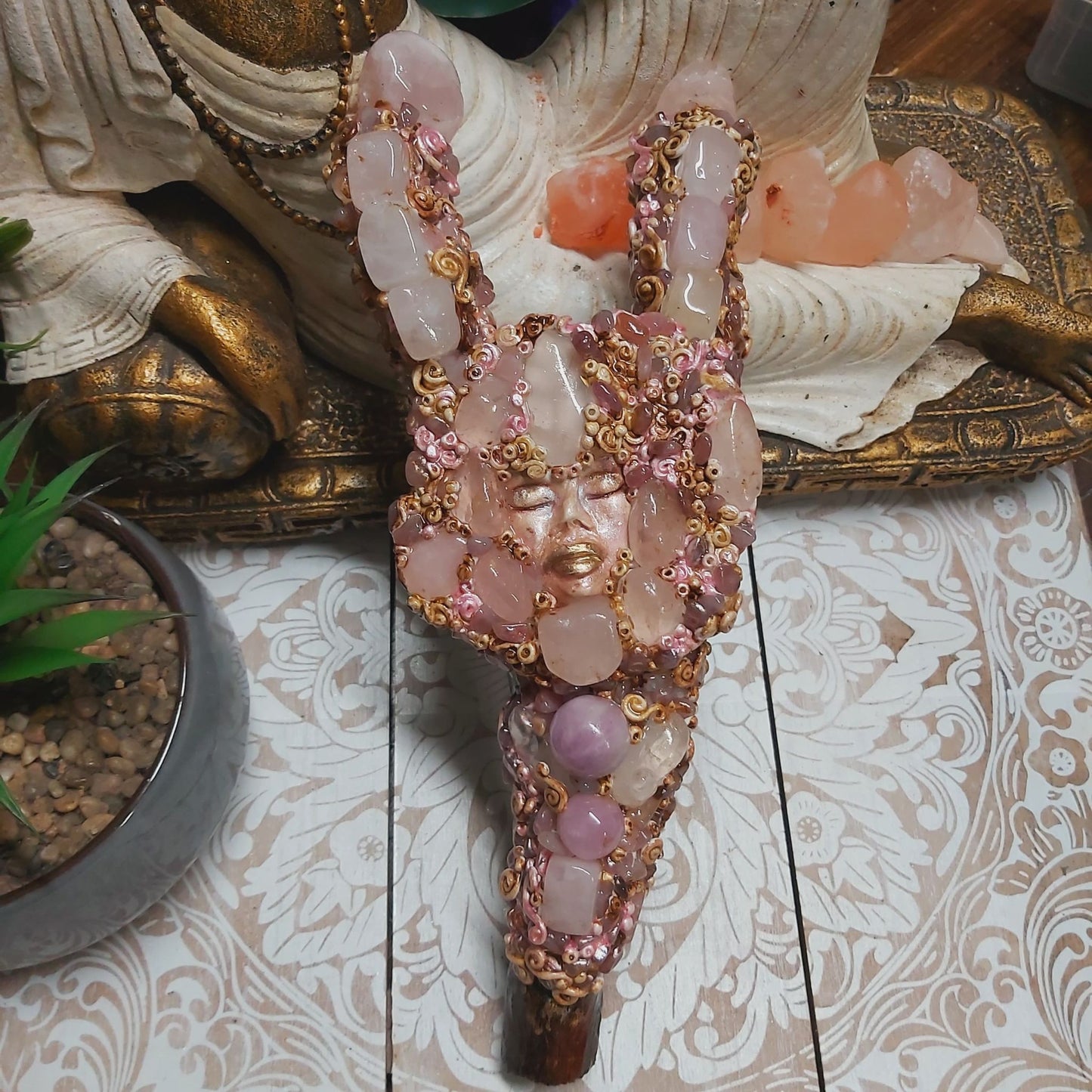 Handmade Kalone Rose Quartz Gemstone Crystal Wand (#177)